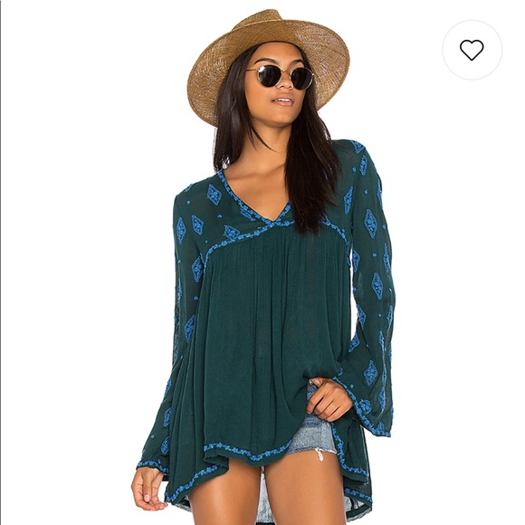 Tops - Free People Teal Embroidered Bohemian Boho Top M